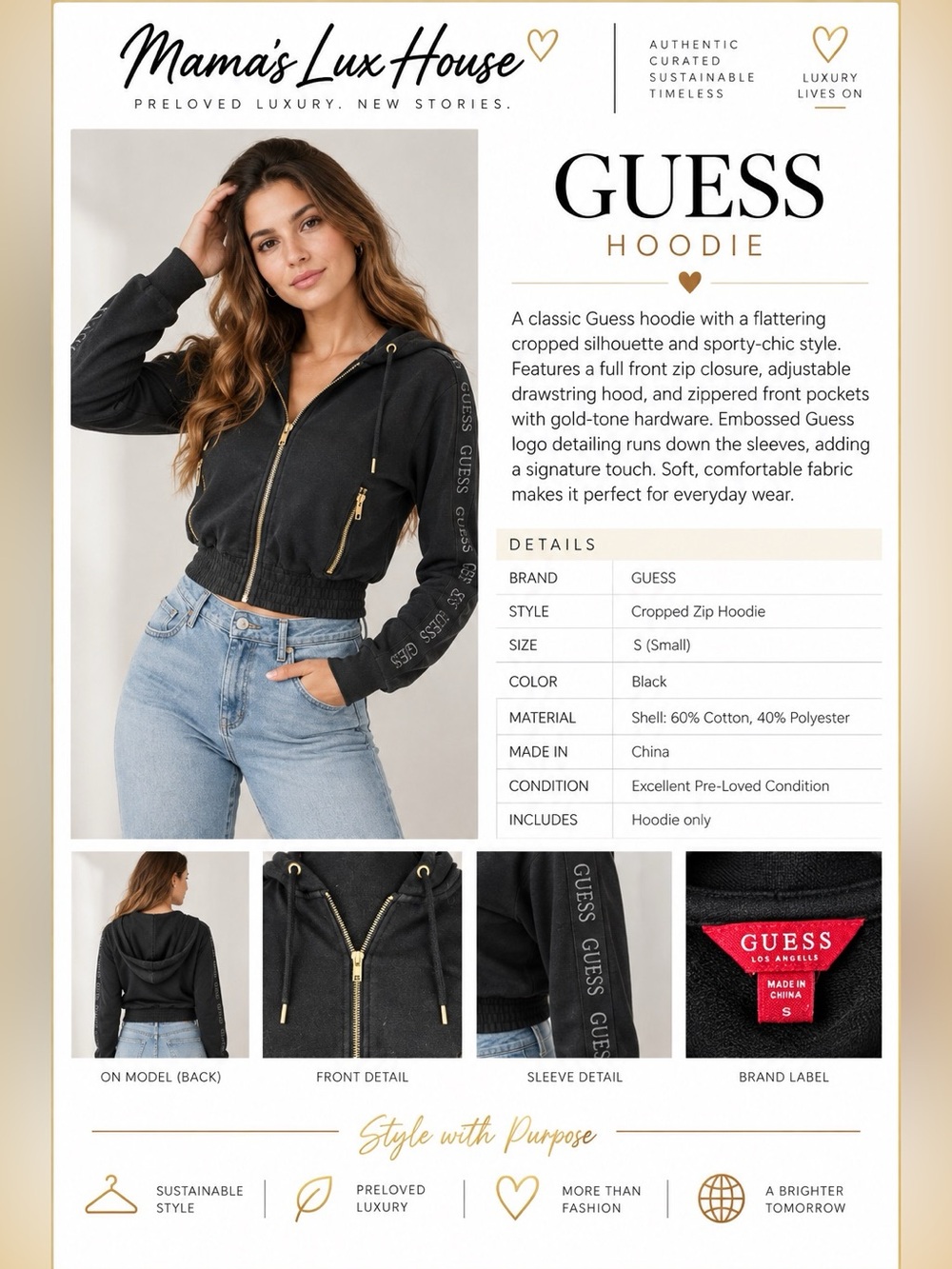 GUESS Black Cropped Zip Hoodie with Gold Hardware